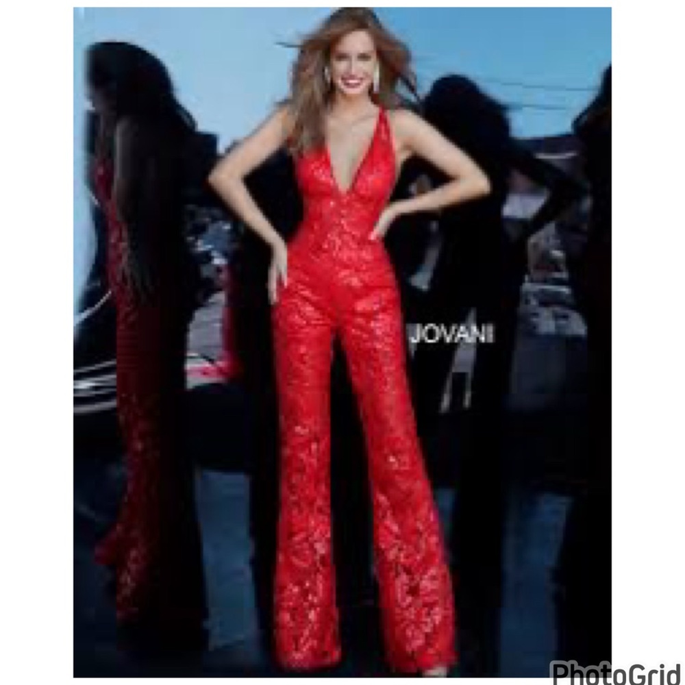 Jovani Red Lace Jumpsuit